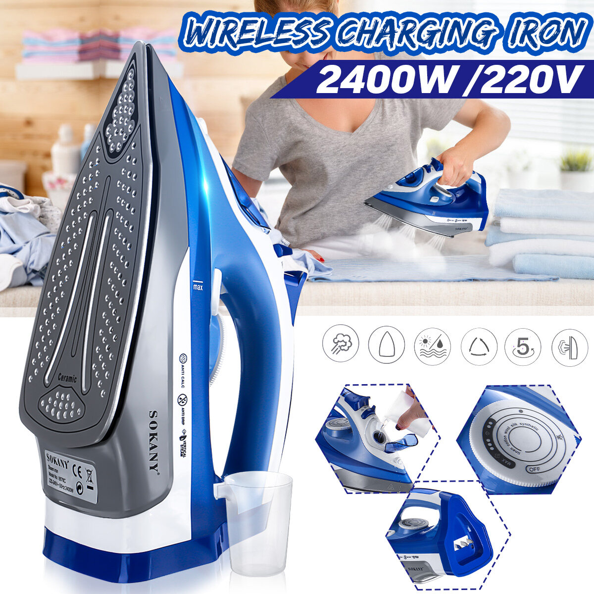 2400W cordless electric iron dry + wet wireless clothing iron non-stick rechargeable steam iron travel home adjustable thermostat control.