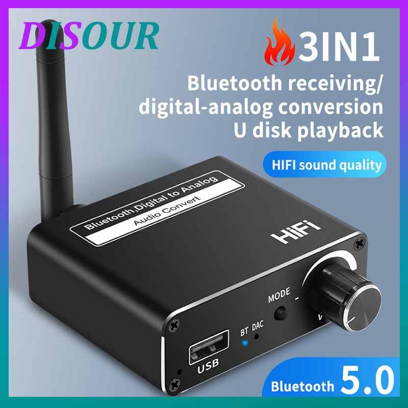 DISOUR 3 IN 1 DAC Bluetooth 5.0 Audio Receiver Coaxial Optical Fiber Digital To Analog Converter 3.5MM AUX U-Disk Low Latency HIFI Stereo Wireless Adapter 20M With Antenna For TV PC Projector Amplifie