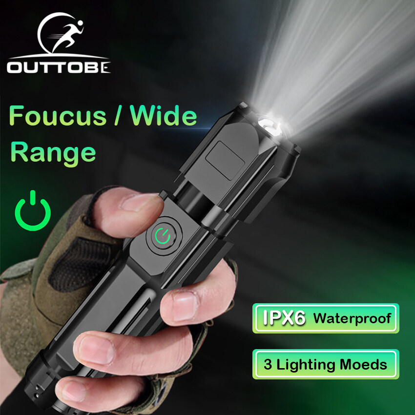 Outtobe Powerful Flashlight waterproof original Bright Led Flashlight Outdoor Focusing  Torchlight Portable Home Emergency Lamp Built-in Battery USB Rechargeable Torchlight Zoom-able focus Light T6 Pe