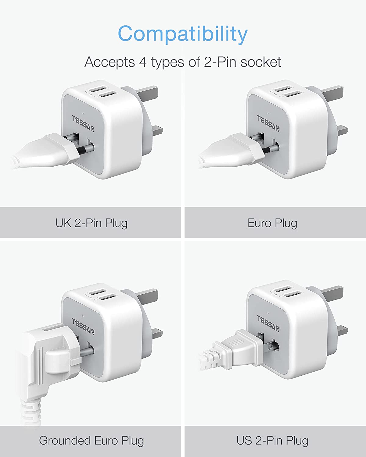 TESSAN 2 Pin to 3 Pin Adapter Bathroom Electric Toothbrush, Razor Charger and EU US Plugs with 2 USB, Shaver Plug USB Socket USB Adapter Wall Charger 2500W 10A Fused ,Multi Plug for Epilators Bathroom
