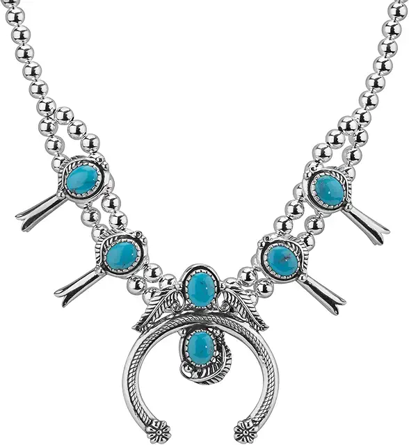 American West Jewelry Sterling Silver Genuine Gemstone Squash Blossom Naja Design Necklace, 17 to 19 Inches