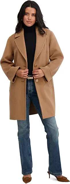 TAHARI womens Relaxed Double-faced Soft Wool Topper Coat With Front Buttons, Roll Cuffs & Pick Stitch Detail