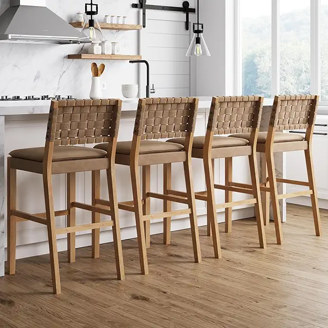 Cohen Mid-Century Modern 29 in. Wood Bar Stool, Upholstered Faux Leather Bar Height Stool with Solid Wood Frame, Natural Brown