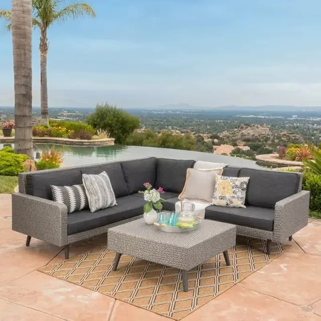 4 Piece Patio Outdoor Furniture Set, All-Weather Rattan Wicker L-Shaped Sectional Sofa with Coushion